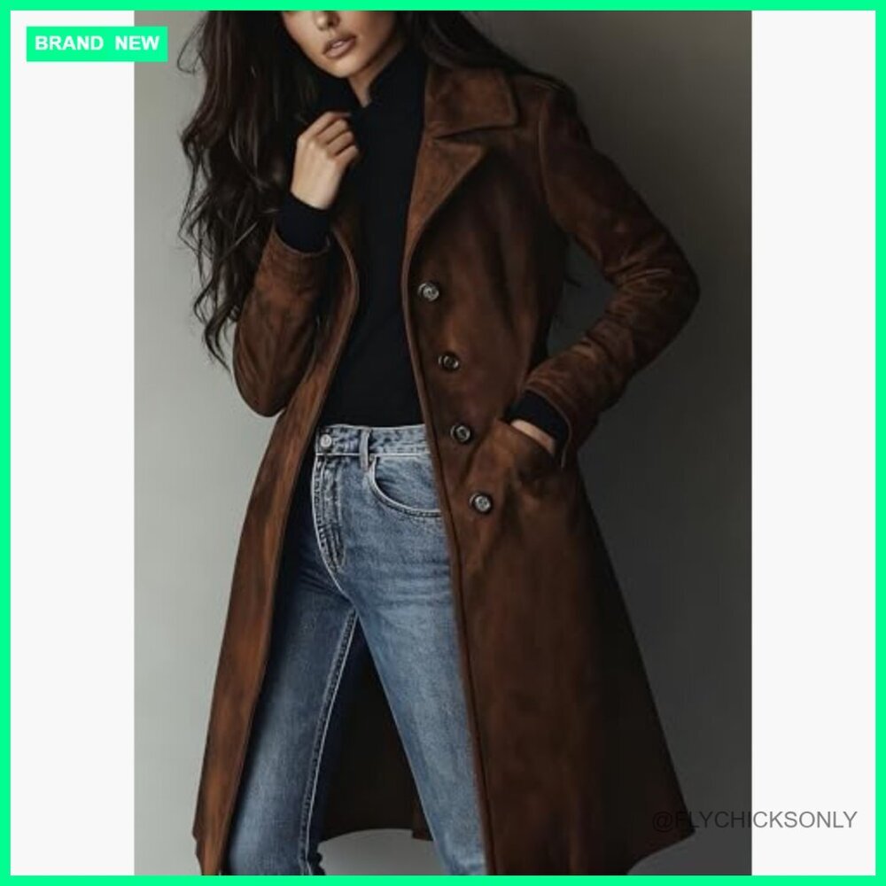 Faux Suede Trench Coat Women's Long Single Breasted Leather Overcoat - Picture 2 of 7